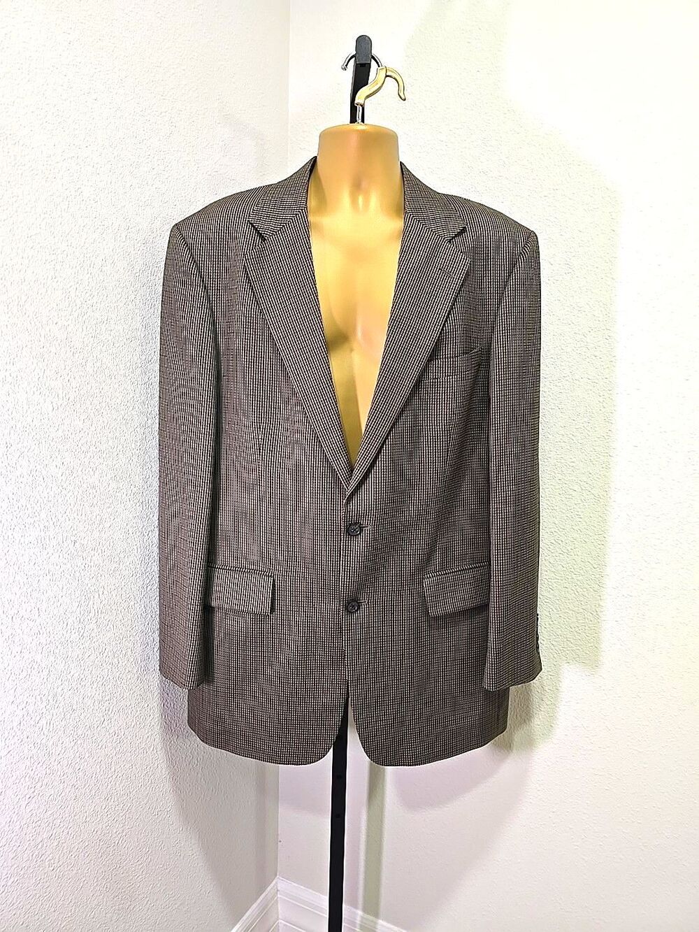 Oscar de la Renta Brown Houndstooth 100% Wool Blazer Jacket Sz 42L Check Classic